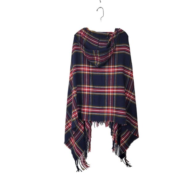 Plaid Hooded Poncho With Fringe & Toggle Closure - Picture 2 of 4